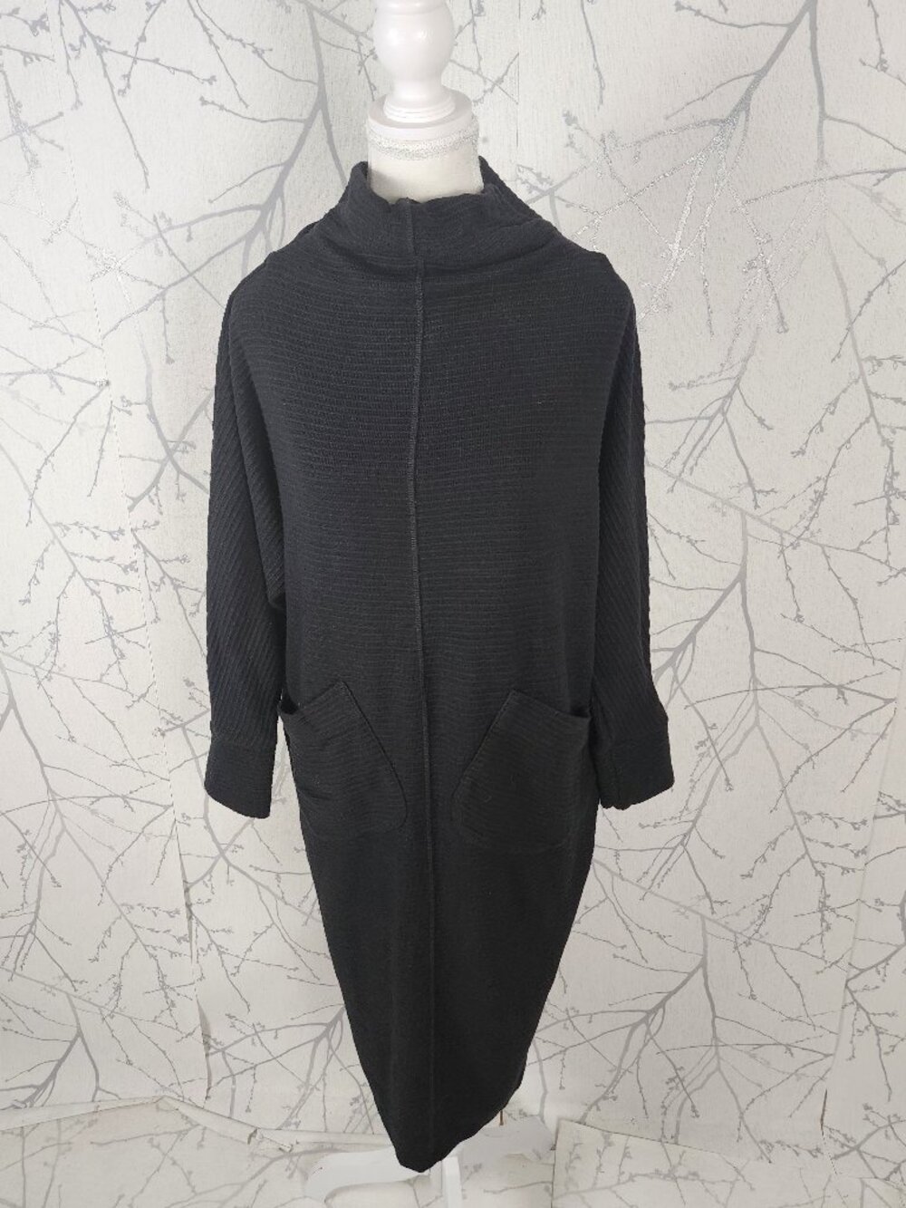 AYRTIGHT Black Textured Ribbed Cowl Neck Midi Dress